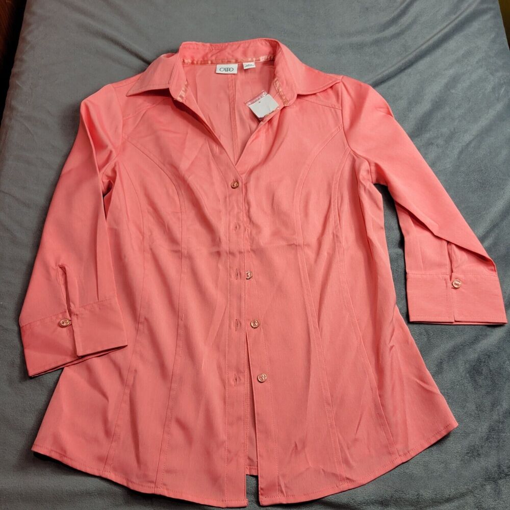 Cato Shirt Womens Size Small Button Front Coral Long Sleeve Collared Stretch Top